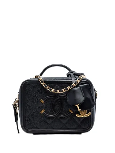 Pre-owned Chanel 2017-2018 Small Caviar Cc Filigree Vanity Case Satchel In Black