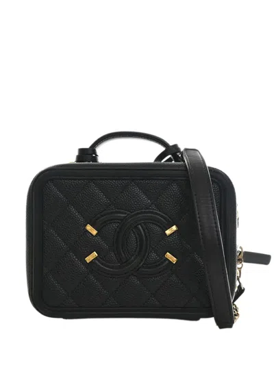 Pre-owned Chanel 2017-2018 Small Caviar Cc Filigree Vanity Case Satchel In Black