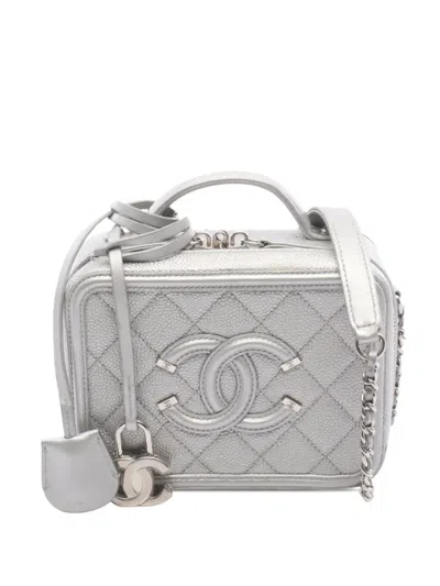 Pre-owned Chanel 2017-2018 Small Metallic Caviar Cc Filigree Vanity Case Satchel In Silver