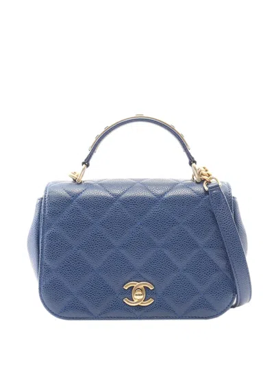 Pre-owned Chanel 2017-2018 Small Quilted Caviar Carry Around Flap Satchel In Blue