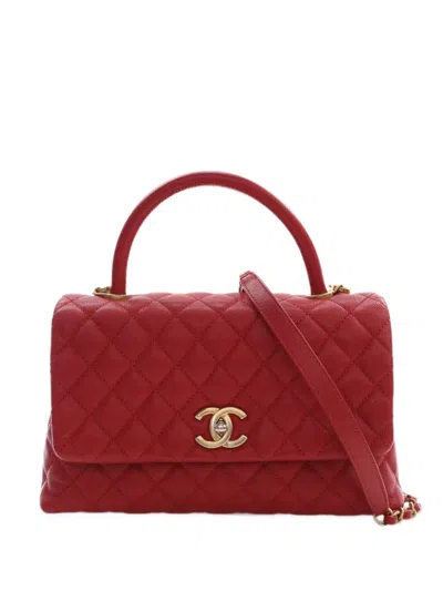 Pre-owned Chanel 2017-2018 Small Quilted Caviar Coco Top Handle Bag Satchel In Red