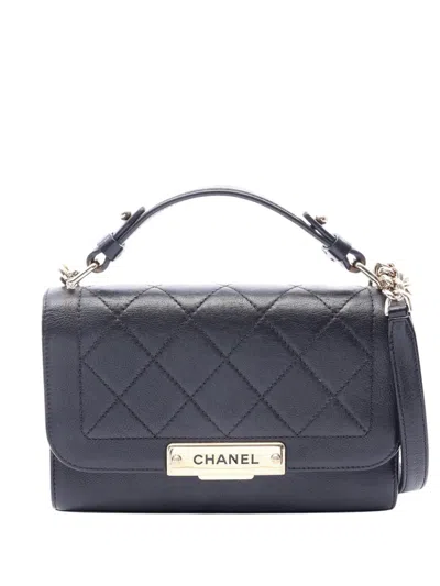 Pre-owned Chanel 2017-2018 Small Quilted Grained Calfskin Label Click Flap Satchel In Black