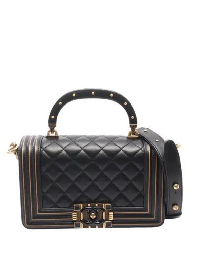 Pre-owned Chanel 2017-2018 Small Quilted Lambskin Studded Top Handle Boy Flap Bag Satchel In Black