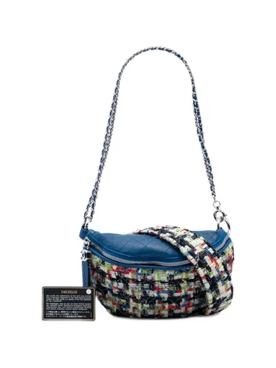 Pre-owned Chanel 2017-2018 Tweed And Stitched Calfskin Convertible Waist Bag Satchel In Blue