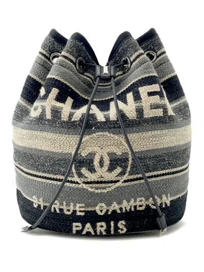 Pre-owned Chanel 2018-2019 Canvas And Wool Striped Deauville Drawstring Bucket Bag In Gray