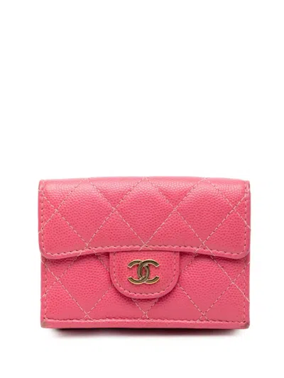 Pre-owned Chanel 2018-2019 Cc Quilted Caviar Compact Flap Wallet Small Wallets In Pink