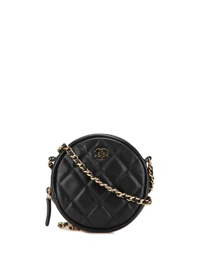 Pre-owned Chanel 2018-2019 Cc Quilted Caviar Round Clutch With Chain Crossbody Bag In Black