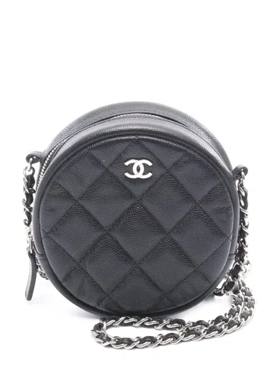 Pre-owned Chanel 2018-2019 Cc Quilted Caviar Round Clutch With Chain Crossbody Bag In Black