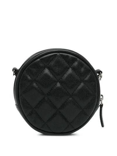 Pre-owned Chanel 2018-2019 Cc Quilted Caviar Round Clutch With Chain Crossbody Bag In Black