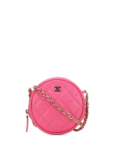 Pre-owned Chanel 2018-2019 Cc Quilted Caviar Round Clutch With Chain Crossbody Bag In Pink