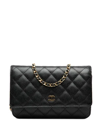 Pre-owned Chanel 2018-2019 Cc Quilted Caviar Wallet On Chain Crossbody Bag In Black