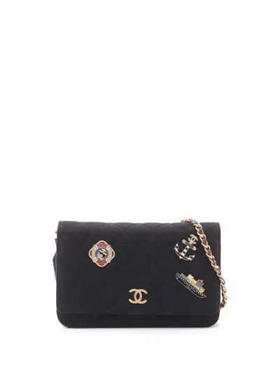 Pre-owned Chanel 2018-2019 Cc Quilted Wool Paris Hamburg Charms Wallet On Chain Crossbody Bag In Black