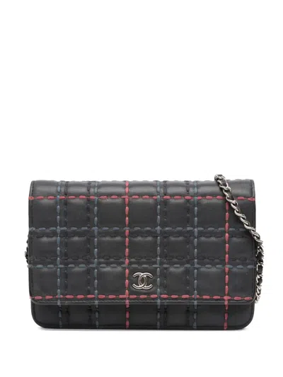 Pre-owned Chanel 2018-2019 Cc Square Stitched Calfskin Wallet On Chain Crossbody Bag In Blue