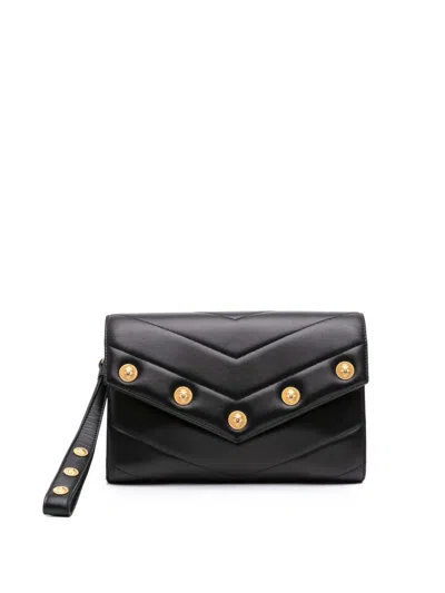 Pre-owned Chanel 2018-2019 Chevron Lambskin Cc Medallion Button Flap Clutch Bag In Black