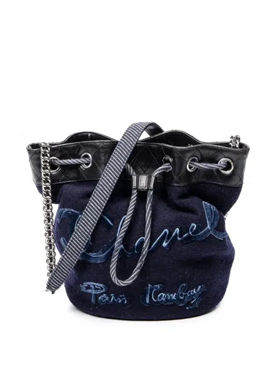 Pre-owned Chanel 2018-2019 Embroidered Chain Bucket Bag In Blue