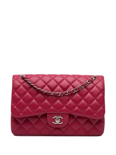 Pre-owned Chanel 2018-2019 Jumbo Classic Lambskin Double Flap Shoulder Bag In Pink