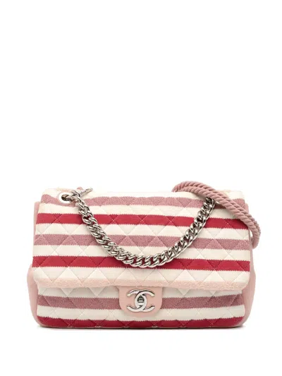 Pre-owned Chanel 2018-2019 Jumbo Stripe Jersey Felt And Rope Flap Satchel In White