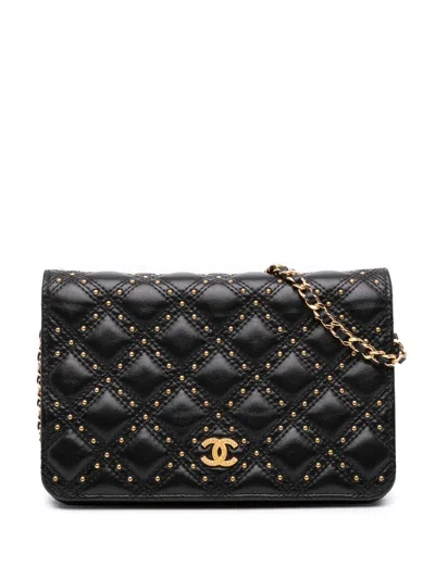 Pre-owned Chanel 2018-2019 Lambskin Studded Diamond Stitch Wallet On Chain Crossbody Bag In Black
