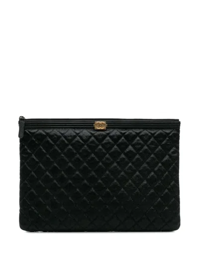 Pre-owned Chanel 2018-2019 Large Lambskin Boy O Case Clutch Bag In Black
