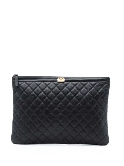 Pre-owned Chanel 2018-2019 Large Quilted Caviar Boy O Case Clutch Bag In Black