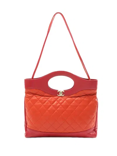 Pre-owned Chanel 2018-2019 Large Quilted Lambskin 31 Shopping Bag Satchel In Orange