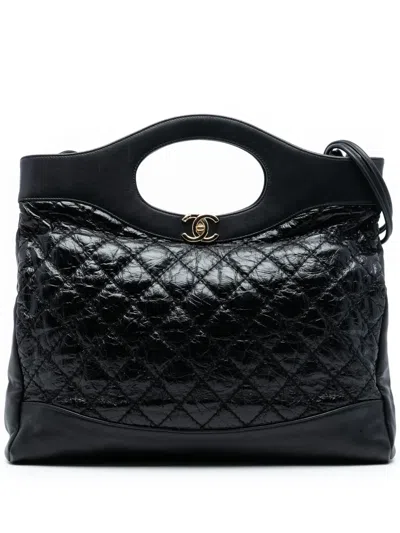 Pre-owned Chanel 2018-2019 Large Quilted Shiny Aged Calfskin 31 Shopping Bag Satchel In Black