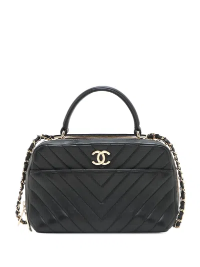 Pre-owned Chanel 2018-2019 Medium Chevron Lambskin Trendy Cc Bowling Bag Satchel In Black