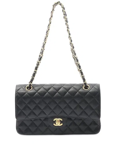Pre-owned Chanel 2018-2019 Medium Classic Caviar Double Flap Shoulder Bag In Black