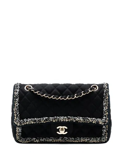 Pre-owned Chanel 2018-2019 Medium Classic Denim Braided Single Flap Shoulder Bag In Black