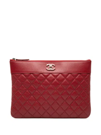 Pre-owned Chanel 2018-2019 Medium Quilted Sheepskin Mademoiselle O Case Clutch Bag In Red