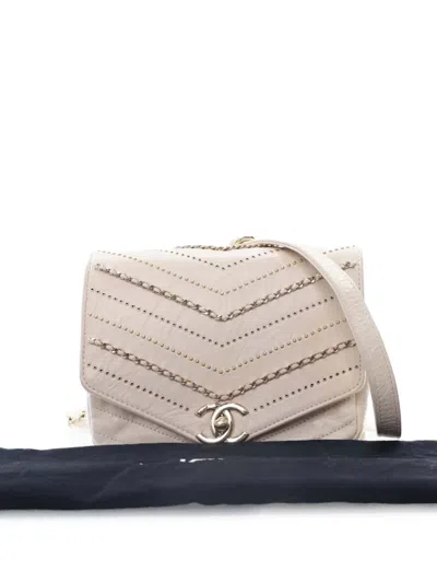 Pre-owned Chanel 2018-2019 Mini Chevron Crinkled Calfskin Embellished Envelope Flap Crossbody Bag In White