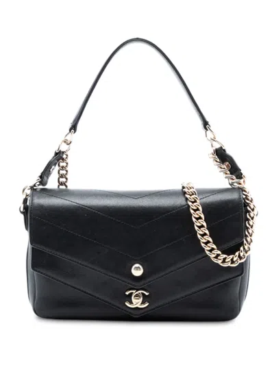Pre-owned Chanel 2018-2019 Mini Quilted Sheepskin Double Chevron Flap Satchel In Black