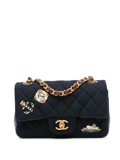 Pre-owned Chanel 2018-2019 Mini Rectangular Classic Jersey Sailor Single Flap Crossbody Bag In Blue