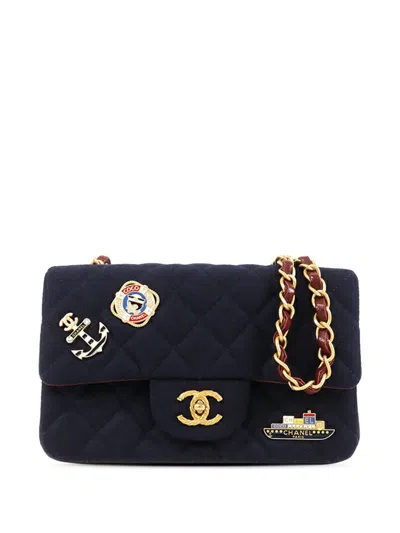 Pre-owned Chanel 2018-2019 Mini Rectangular Classic Jersey Sailor Single Flap Crossbody Bag In Blue