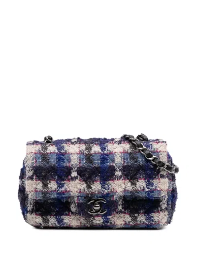 Pre-owned Chanel 2018-2019 Mini Rectangular Classic Tweed Single Flap Crossbody Bag In Blue