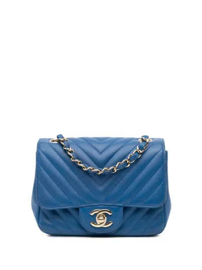 Pre-owned Chanel 2018-2019 Mini Square Classic Chevron Lambskin Single Flap Crossbody Bag In Blue