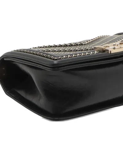 Pre-owned Chanel 2018-2019 Old Medium Chevron Crumpled Calfskin Embellished Boy Flap Crossbody Bag In Black