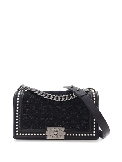 Pre-owned Chanel 2018-2019 Old Medium Quilted Tweed And Calfskin Pearl Boy Flap Crossbody Bag In Black