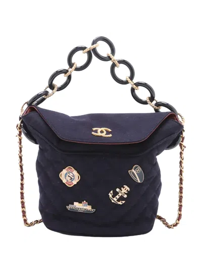Pre-owned Chanel 2018-2019 Paris Hamburg Quilted Wool Coco Sailor Charms Bucket Bag In Blue