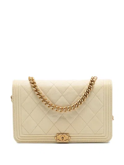 Pre-owned Chanel 2018-2019 Quilted Caviar Boy Wallet On Chain Crossbody Bag In White