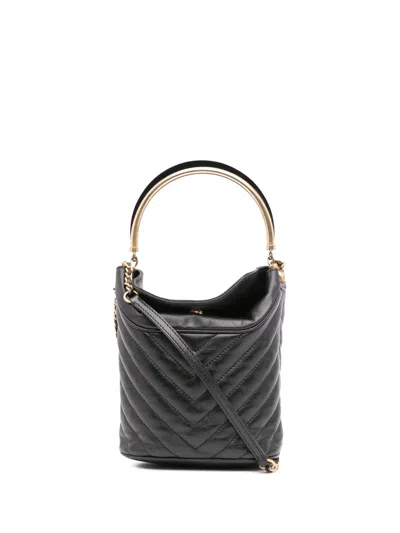 Pre-owned Chanel 2018-2019 Quilted Chevron Lambskin Handle With Chic Bucket Bag In Black