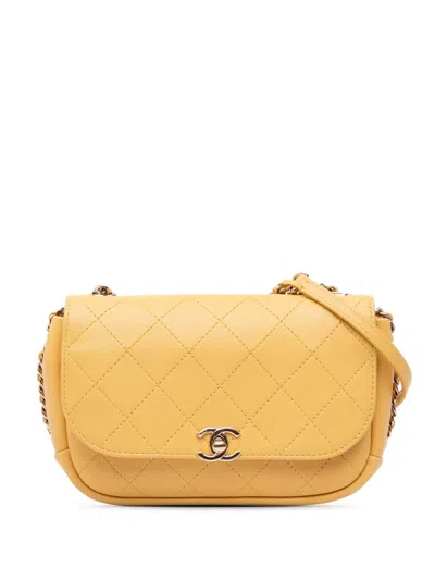 Pre-owned Chanel 2018-2019 Quilted Goatskin Casual Trip Flap Crossbody Bag In Yellow
