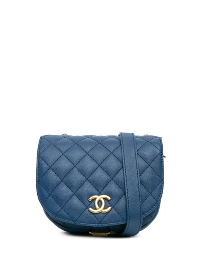 Pre-owned Chanel 2018-2019 Quilted Grained Calfskin Casual Trip Messenger Crossbody Bag In Blue
