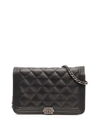 Pre-owned Chanel 2018-2019 Quilted Lambskin Boy Wallet On Chain Crossbody Bag In Black