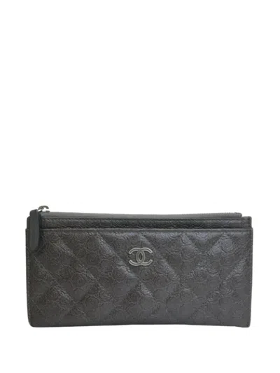 Pre-owned Chanel 2018-2019 Quilted Lambskin Camellia Zip Pouch Long Wallets In Gray