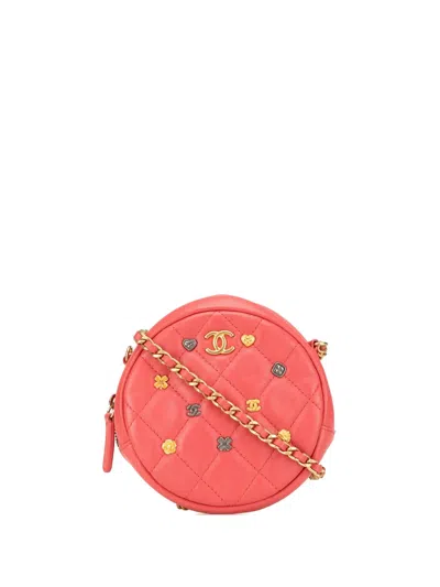Pre-owned Chanel 2018-2019 Quilted Lambskin Lucky Charms Round Clutch With Chain Crossbody Bag In Pink