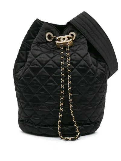 Pre-owned Chanel 2018-2019 Quilted Nylon Crystal Cc Drawstring Sling Bag Crossbody Bag In Black