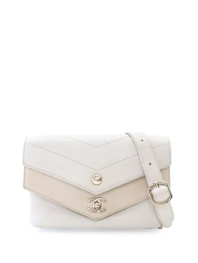 Pre-owned Chanel 2018-2019 Quilted Sheepskin Double Chevron Belt Bag In White