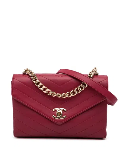 Pre-owned Chanel 2018-2019 Small Calfskin Coco Chevron Envelope Flap Satchel In Red