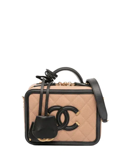 Pre-owned Chanel 2018-2019 Small Caviar Cc Filigree Vanity Case Satchel In Brown